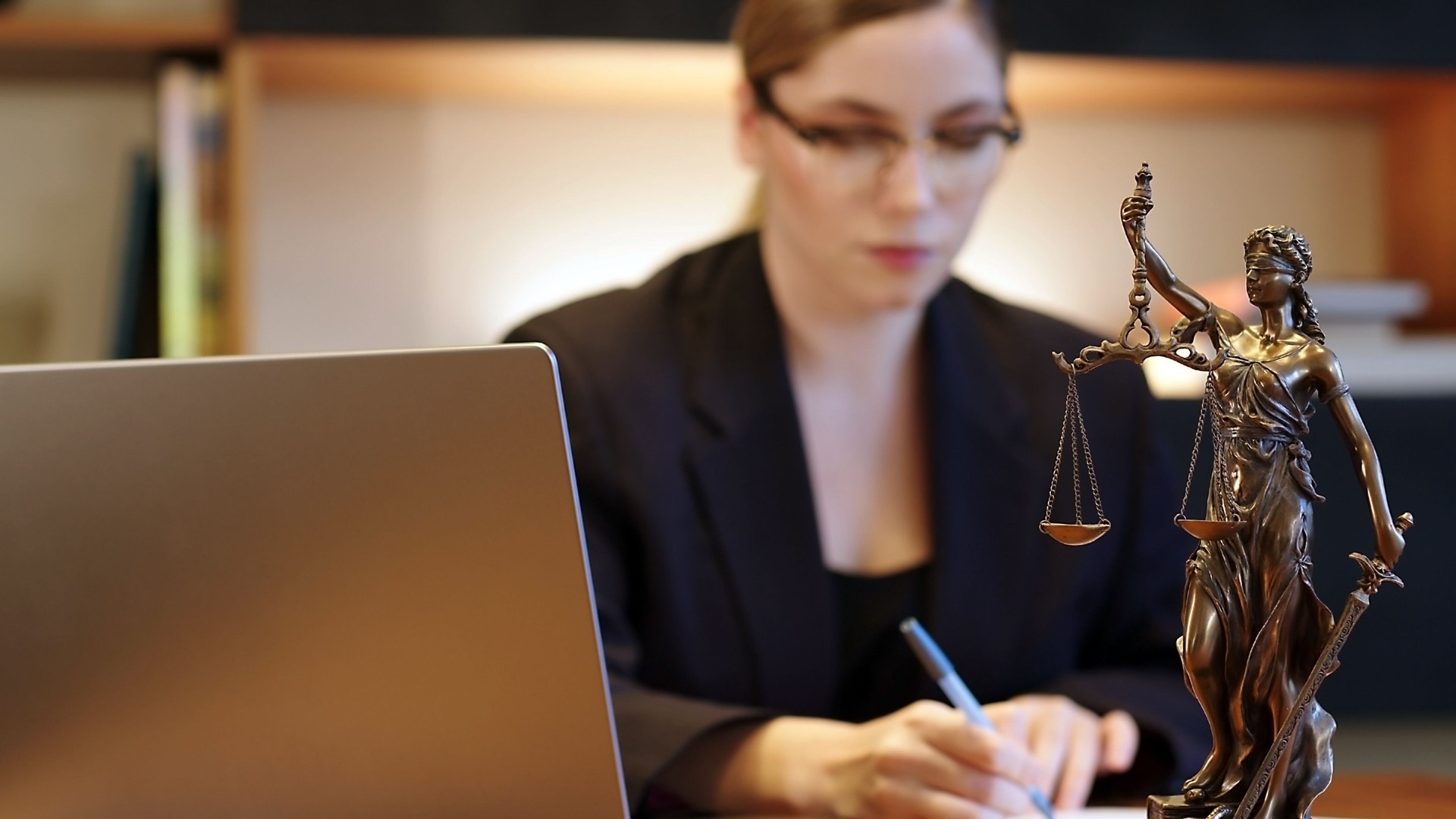 Female lawyer at laptop working on research, brainstorming on career issues. Business man, boss or executive at computer with focus on corporate inspiration or vision